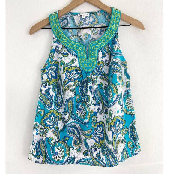 Silkland Women's Paisley Print Tank Top Linen Blend Embroidered Blue Green Small - Picture 1 of 7